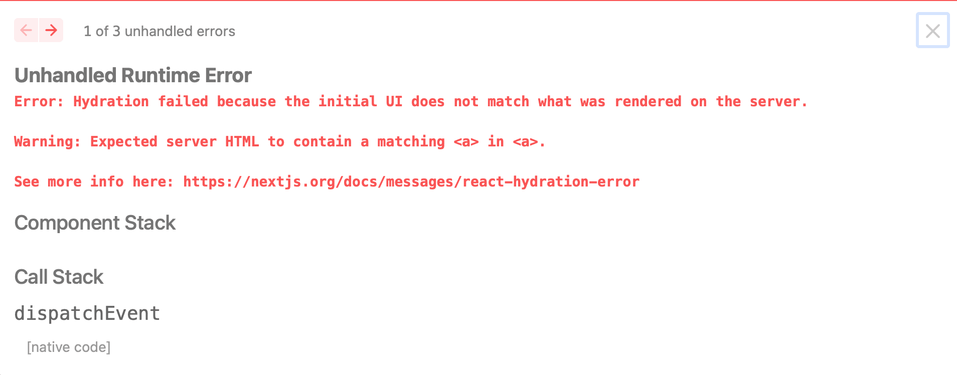 Screenshot of the hydration error